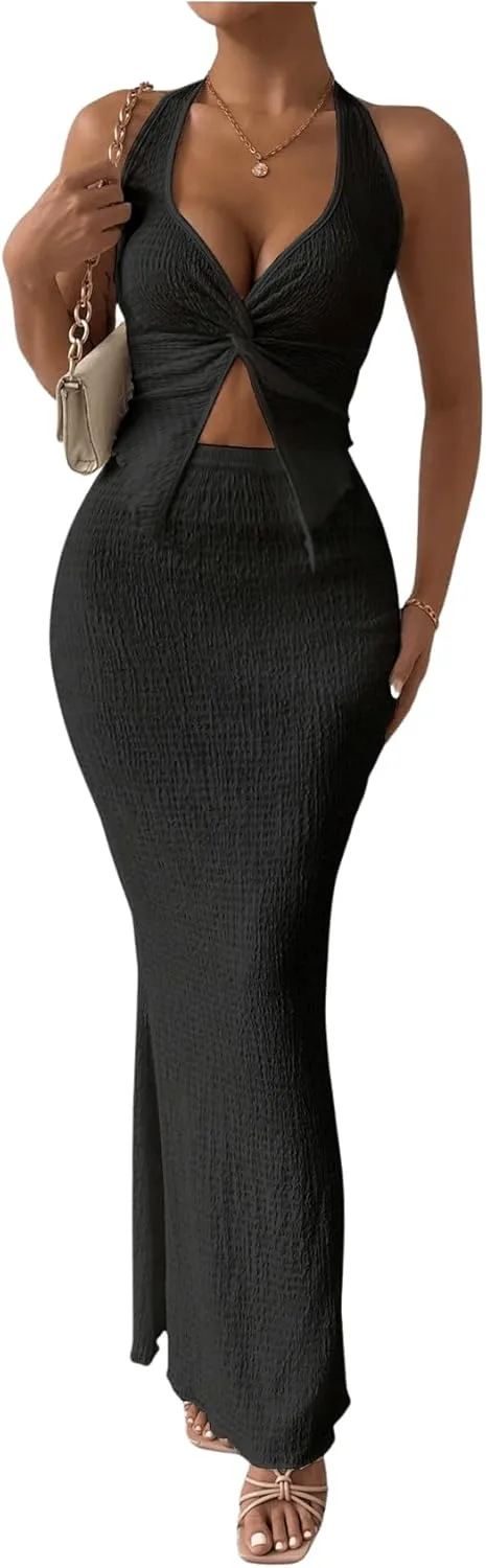 SHENHE Women's Sexy 2 Piece Outfits Twist Front Split Halter Crop Top and Bodycon Maxi Skirt Set