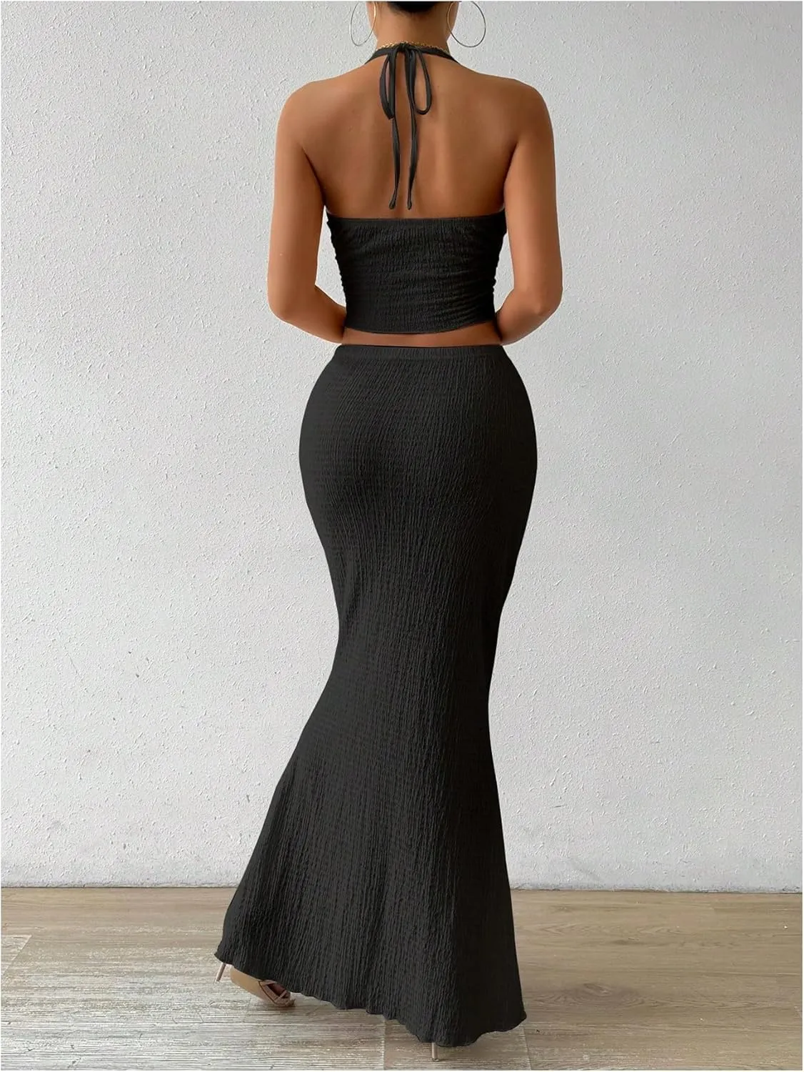 SHENHE Women's Sexy 2 Piece Outfits Twist Front Split Halter Crop Top and Bodycon Maxi Skirt Set