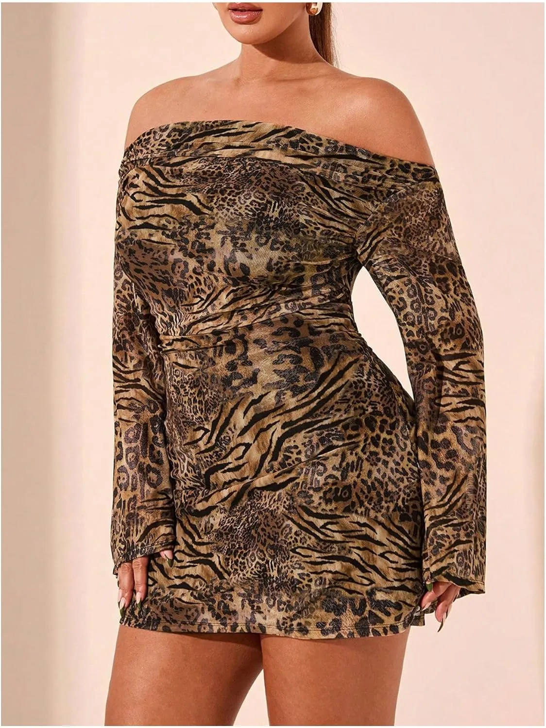 SOLY HUX Women's Plus Size Off The Shoulder Tie Dye Mini Dress Flared Long Sleeve Bodycon Party Dress