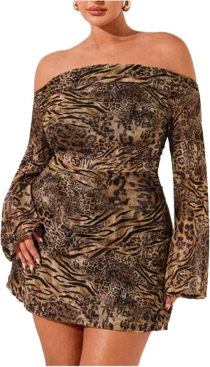 SOLY HUX Women's Plus Size Off The Shoulder Tie Dye Mini Dress Flared Long Sleeve Bodycon Party Dress
