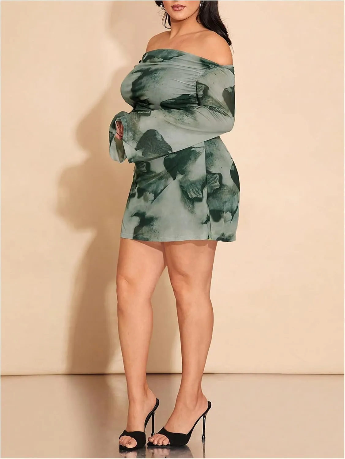 SOLY HUX Women's Plus Size Off The Shoulder Tie Dye Mini Dress Flared Long Sleeve Bodycon Party Dress