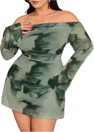 SOLY HUX Women's Plus Size Off The Shoulder Tie Dye Mini Dress Flared Long Sleeve Bodycon Party Dress