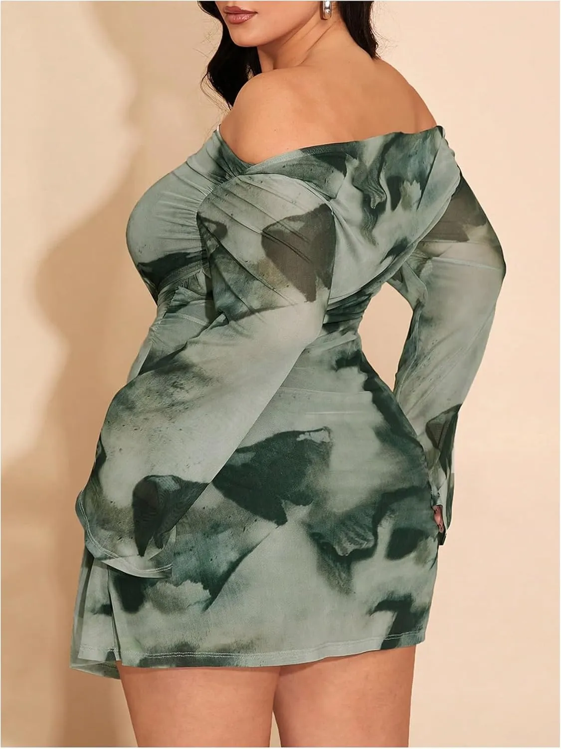 SOLY HUX Women's Plus Size Off The Shoulder Tie Dye Mini Dress Flared Long Sleeve Bodycon Party Dress