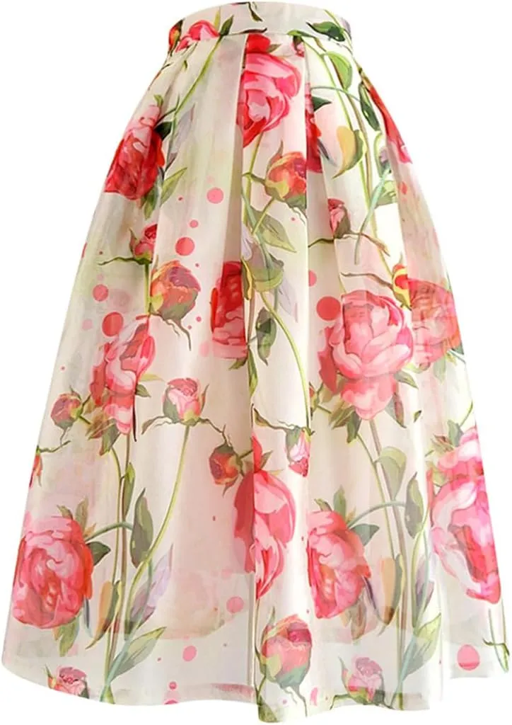 Summer Women Floral Print High Waist Pleated Long Tulle Midi Skirt Pleated Umbrella Skirt