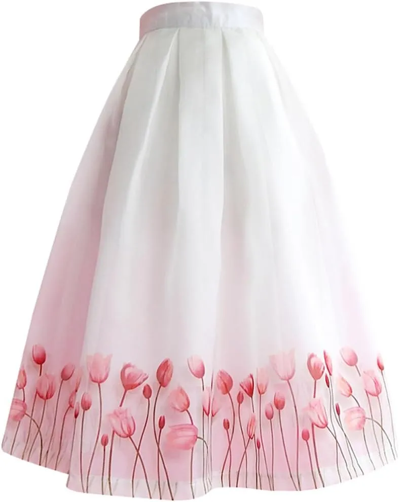 Summer Women Floral Print High Waist Pleated Long Tulle Midi Skirt Pleated Umbrella Skirt
