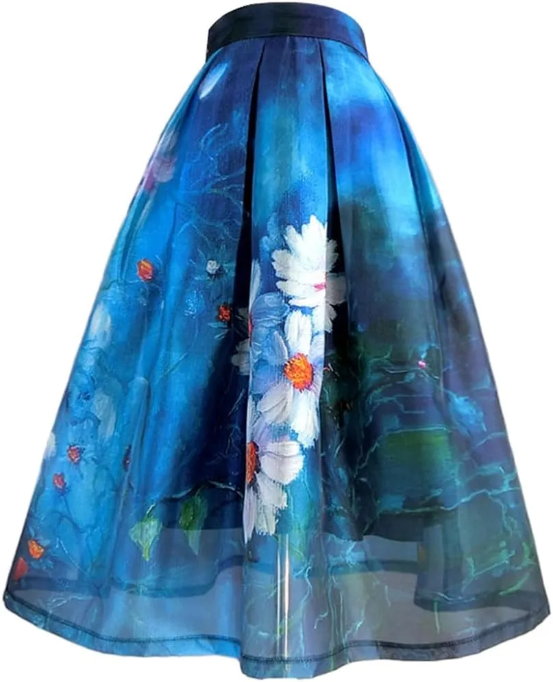 Summer Women Floral Print High Waist Pleated Long Tulle Midi Skirt Pleated Umbrella Skirt