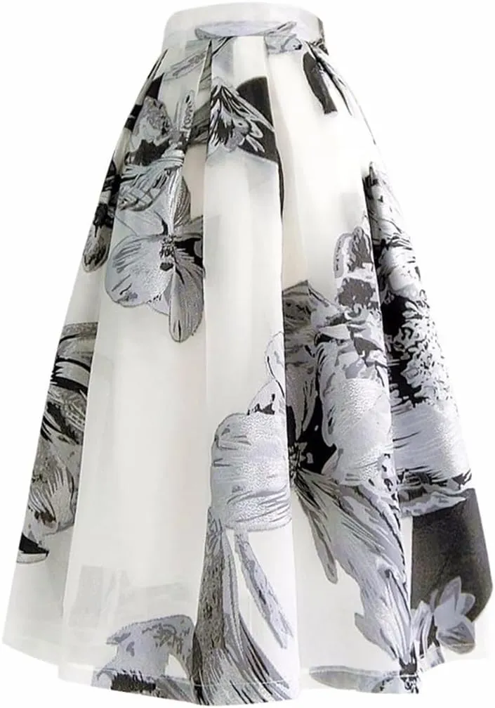 Summer Women Floral Print High Waist Pleated Long Tulle Midi Skirt Pleated Umbrella Skirt