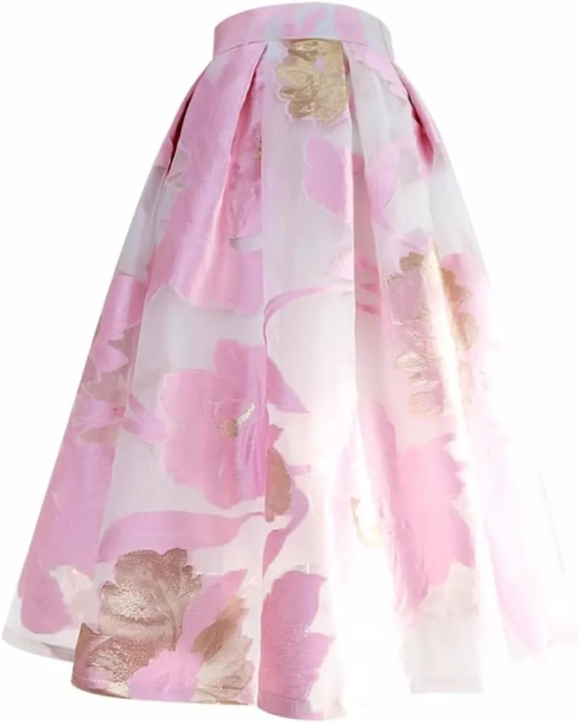 Summer Women Floral Print High Waist Pleated Long Tulle Midi Skirt Pleated Umbrella Skirt