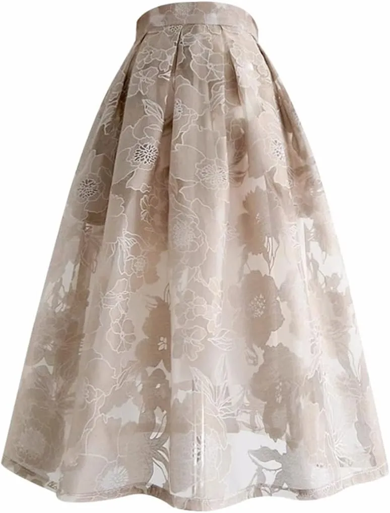 Summer Women Floral Print High Waist Pleated Long Tulle Midi Skirt Pleated Umbrella Skirt