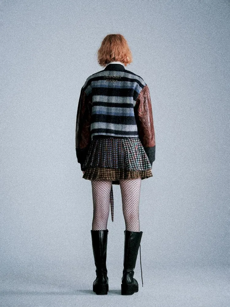 Three-color plaid splicing pleated skirt【s0000005411】