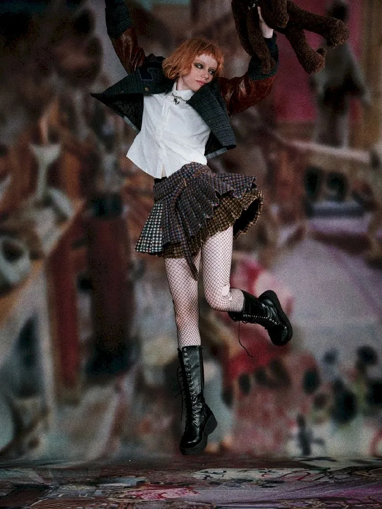 Three-color plaid splicing pleated skirt【s0000005411】