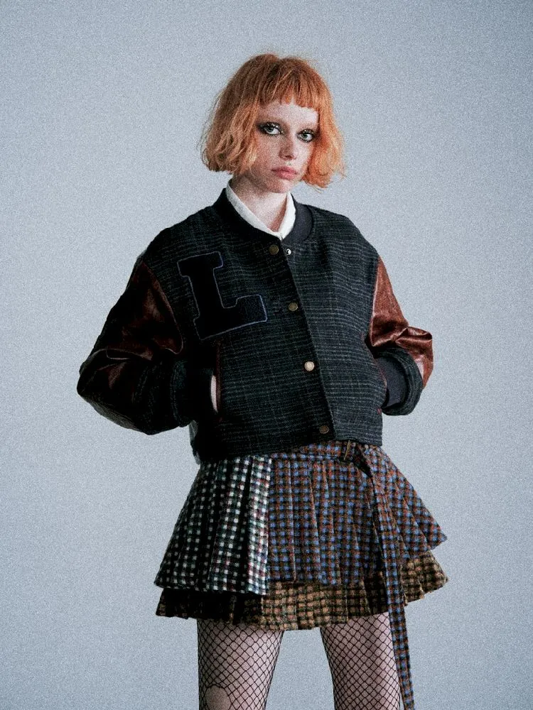 Three-color plaid splicing pleated skirt【s0000005411】