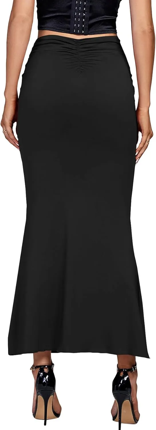 Umenlele Women's Casual High Waist Ruched Stretchy Bodycon Long Maxi Skirt