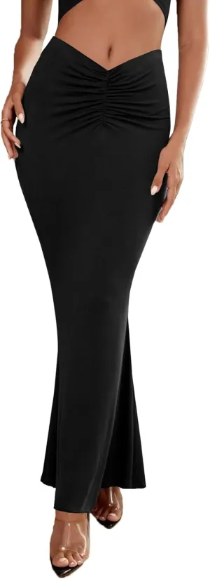 Umenlele Women's Casual High Waist Ruched Stretchy Bodycon Long Maxi Skirt