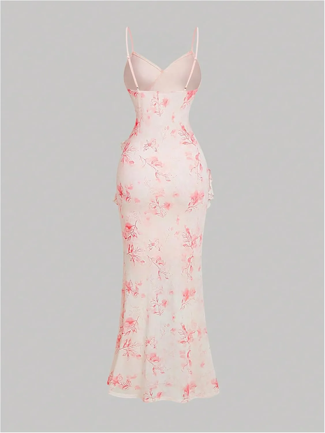 Verdusa Women's Floral Ruffle Split Thigh Long Cami Dress Bodycon Sleeveless Fishtail Dress