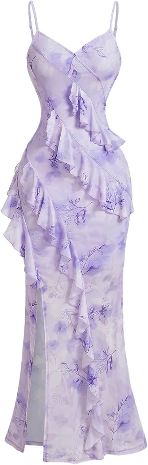 Verdusa Women's Floral Ruffle Split Thigh Long Cami Dress Bodycon Sleeveless Fishtail Dress