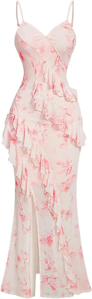 Verdusa Women's Floral Ruffle Split Thigh Long Cami Dress Bodycon Sleeveless Fishtail Dress