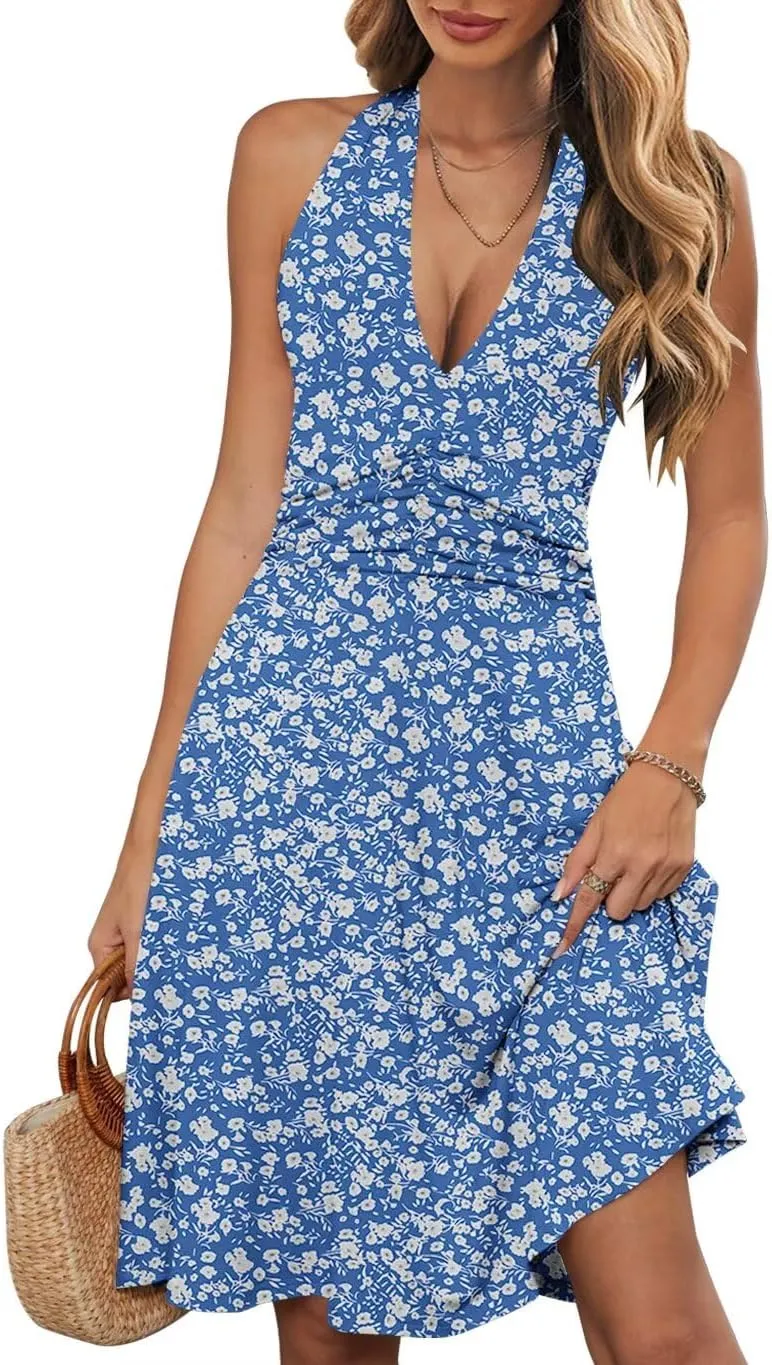 Wkior Womens Sundress Summer Beach Vacation Sleeveless Halter Neck A-Line 2025 Boho Floral Midi Dress with Pockets