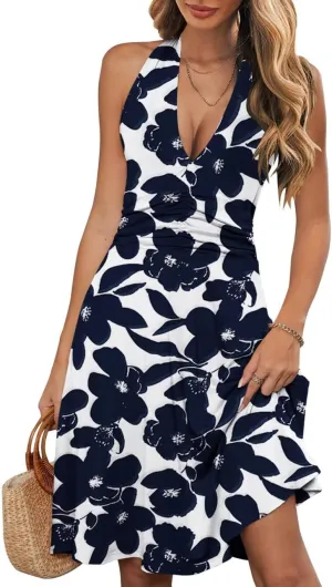 Wkior Womens Sundress Summer Beach Vacation Sleeveless Halter Neck A-Line 2025 Boho Floral Midi Dress with Pockets