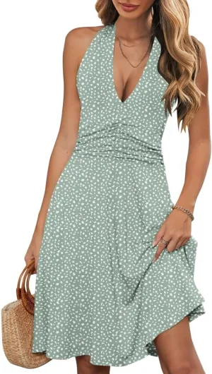 Wkior Womens Sundress Summer Beach Vacation Sleeveless Halter Neck A-Line 2025 Boho Floral Midi Dress with Pockets