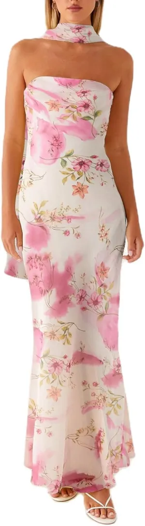 Women Floral Formal Strapless Dress Sexy Backless Maxi Long Dresses Y2K Sleeveless Mesh Bodycon Tube Summer Sundress