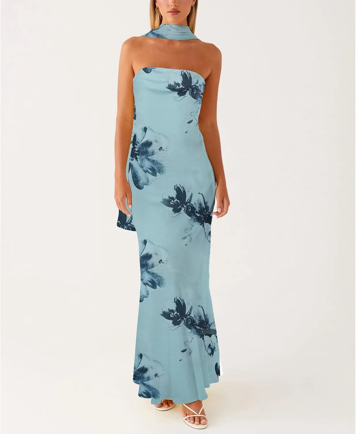 Women Floral Formal Strapless Dress Sexy Backless Maxi Long Dresses Y2K Sleeveless Mesh Bodycon Tube Summer Sundress