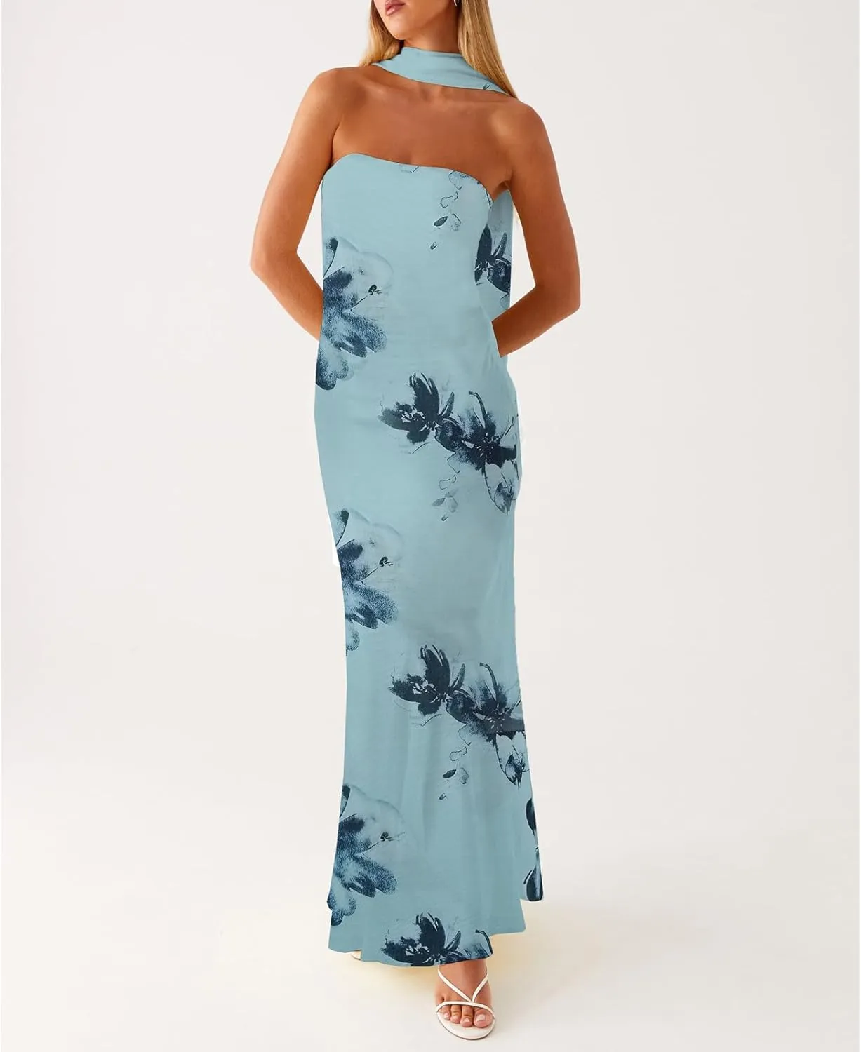 Women Floral Formal Strapless Dress Sexy Backless Maxi Long Dresses Y2K Sleeveless Mesh Bodycon Tube Summer Sundress