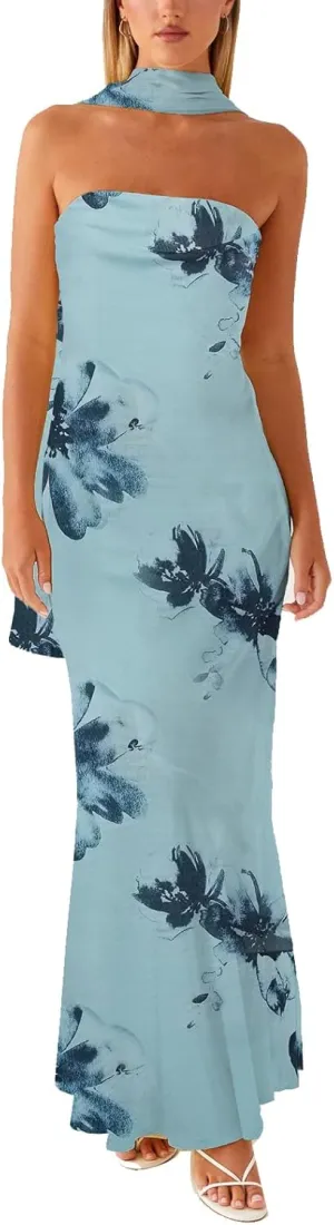 Women Floral Formal Strapless Dress Sexy Backless Maxi Long Dresses Y2K Sleeveless Mesh Bodycon Tube Summer Sundress