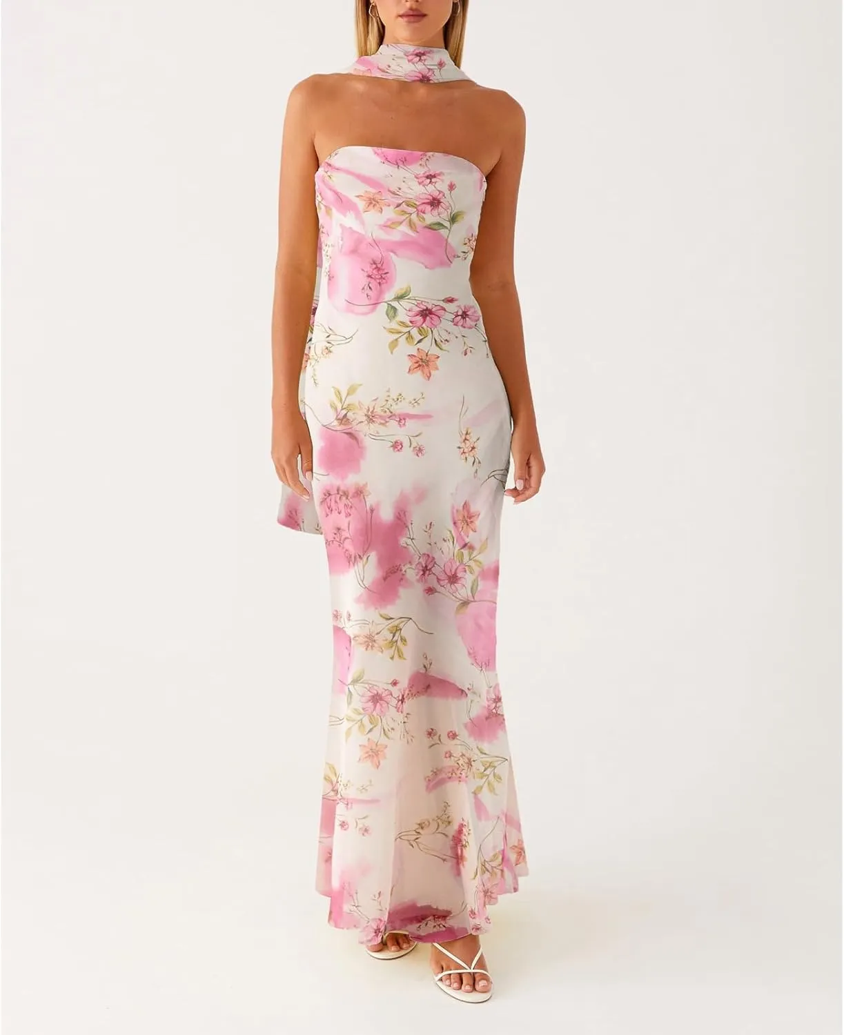 Women Floral Formal Strapless Dress Sexy Backless Maxi Long Dresses Y2K Sleeveless Mesh Bodycon Tube Summer Sundress