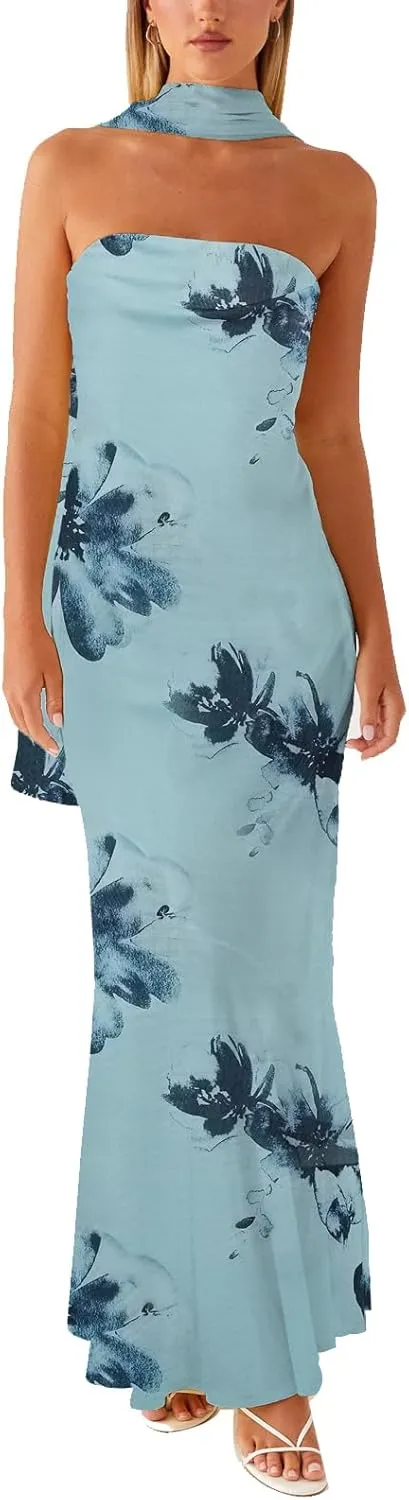 Women Floral Formal Strapless Dress Sexy Backless Maxi Long Dresses Y2K Sleeveless Mesh Bodycon Tube Summer Sundress