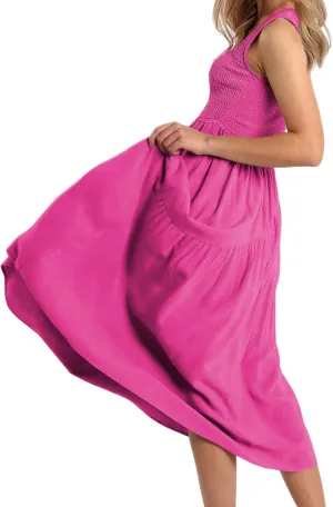 Women Folk Shirred Plain Square Neck Sleeveless Backless Smocked Layered Casual Pleated A-Line Swing Midi Tank Top Dress