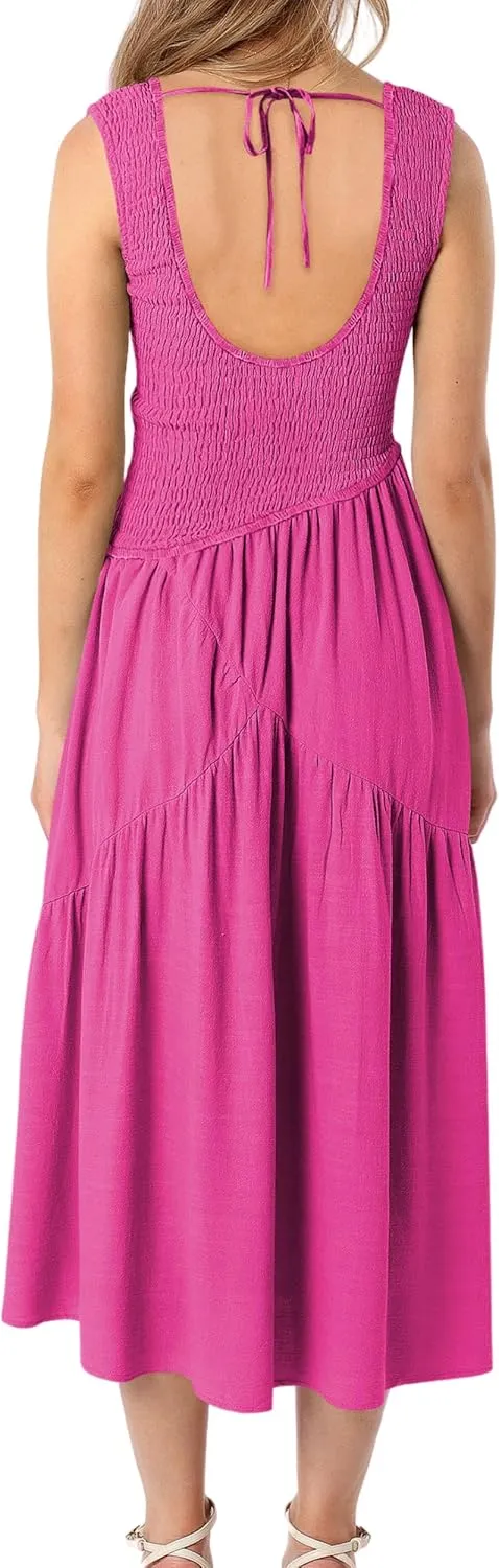 Women Folk Shirred Plain Square Neck Sleeveless Backless Smocked Layered Casual Pleated A-Line Swing Midi Tank Top Dress