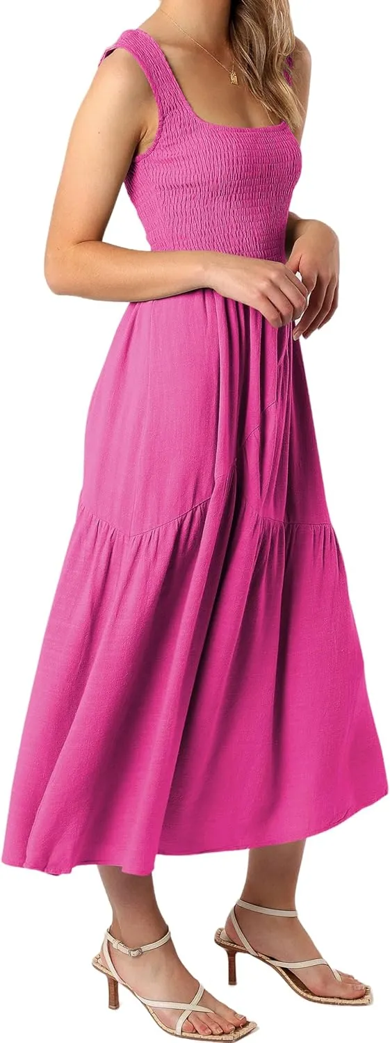 Women Folk Shirred Plain Square Neck Sleeveless Backless Smocked Layered Casual Pleated A-Line Swing Midi Tank Top Dress