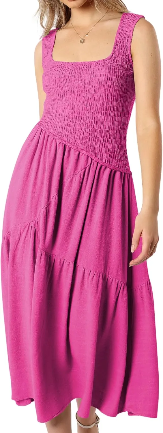 Women Folk Shirred Plain Square Neck Sleeveless Backless Smocked Layered Casual Pleated A-Line Swing Midi Tank Top Dress