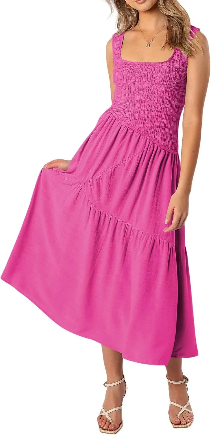 Women Folk Shirred Plain Square Neck Sleeveless Backless Smocked Layered Casual Pleated A-Line Swing Midi Tank Top Dress