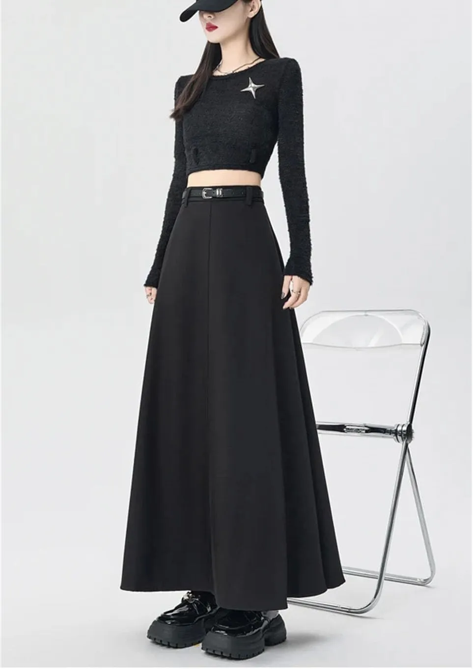 Women's Belted Suit Skirt, Office Pleated Slim Fit Midi