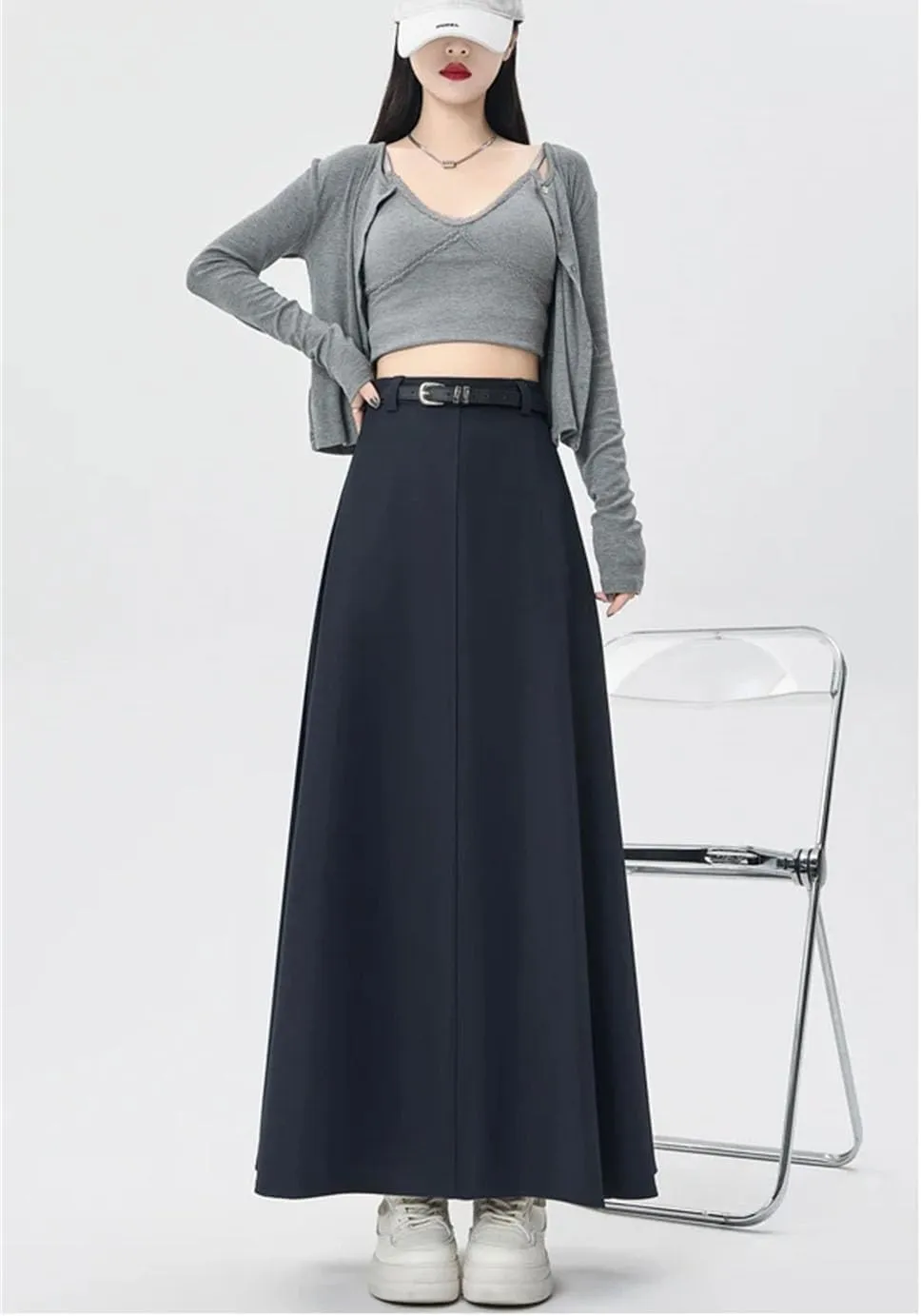 Women's Belted Suit Skirt, Office Pleated Slim Fit Midi