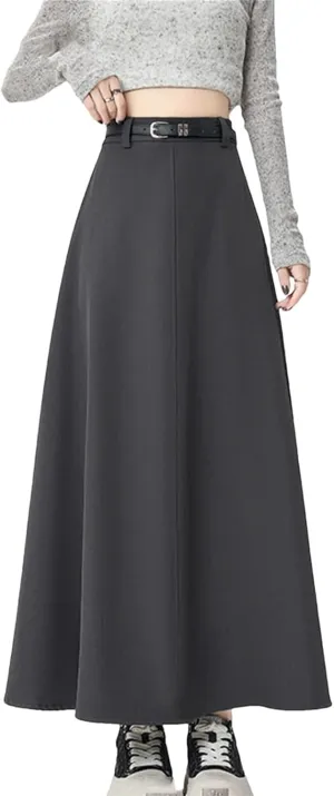 Women's Belted Suit Skirt, Office Pleated Slim Fit Midi