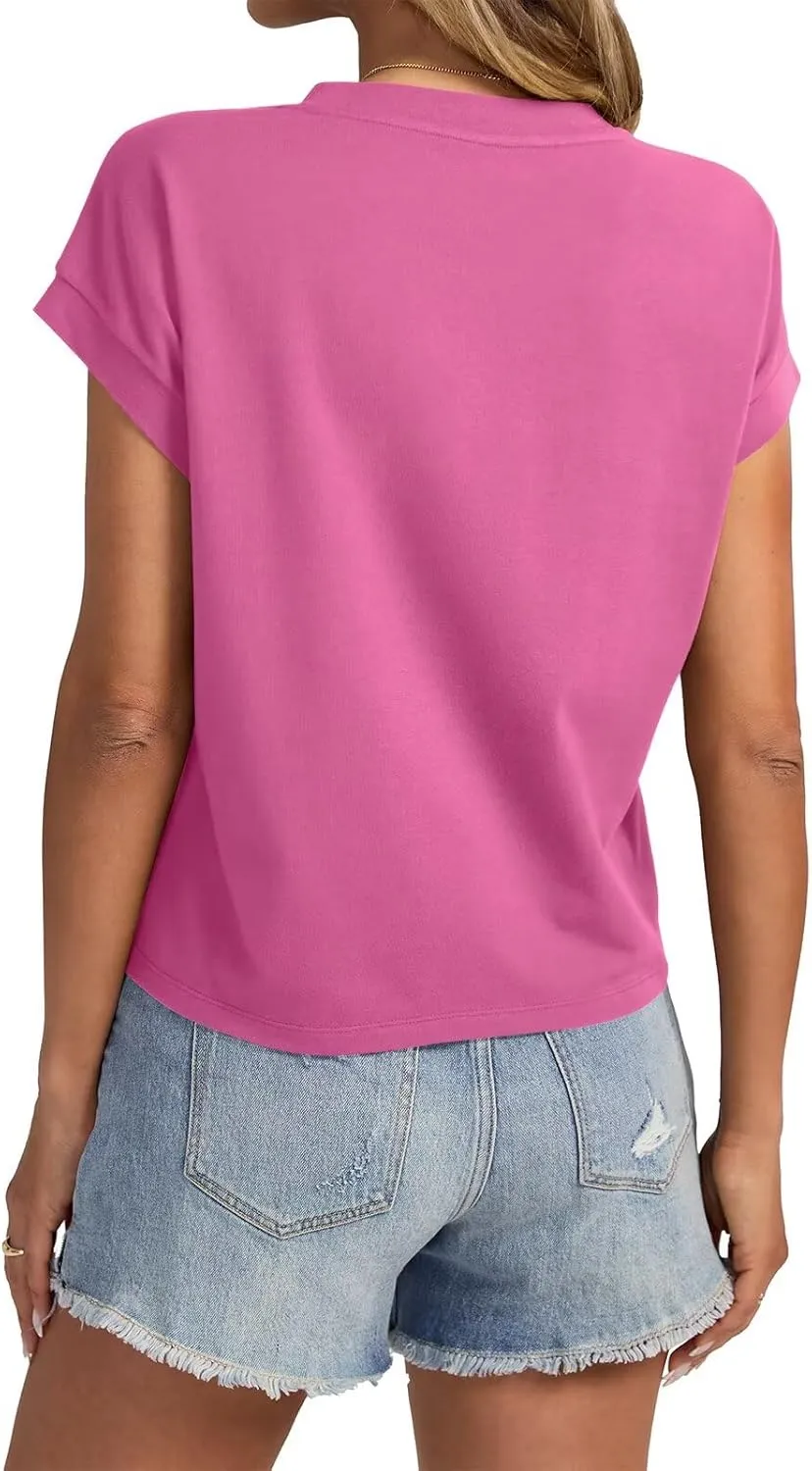 Womens Cap Sleeve Crop Tops Cotton T Shirts Crewneck Loose Fit Short Sleeves Tee Summer Fashion Clothes 2025