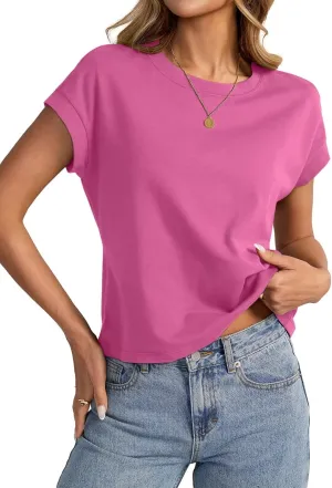Womens Cap Sleeve Crop Tops Cotton T Shirts Crewneck Loose Fit Short Sleeves Tee Summer Fashion Clothes 2025