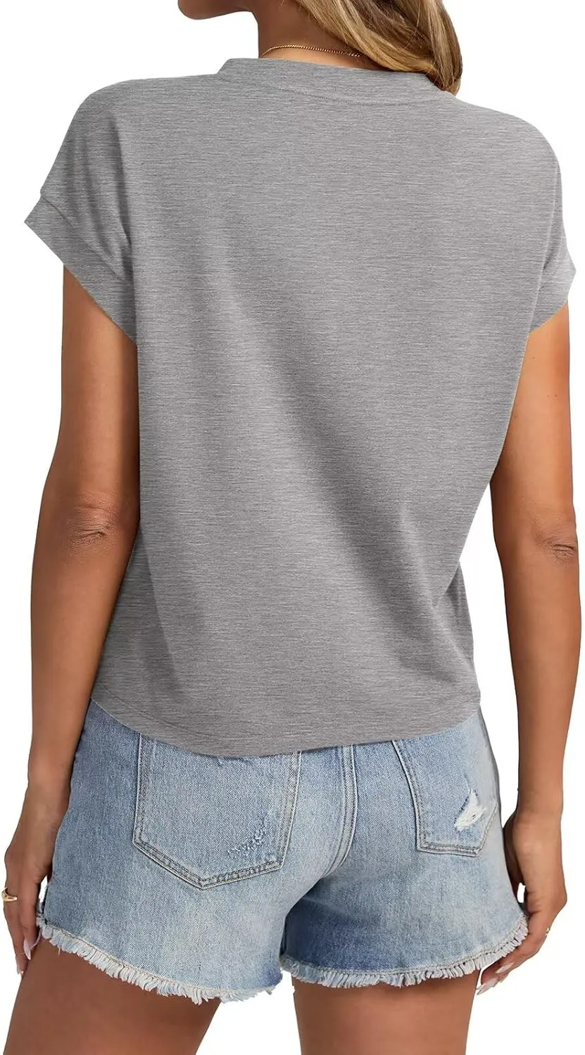Womens Cap Sleeve Crop Tops Cotton T Shirts Crewneck Loose Fit Short Sleeves Tee Summer Fashion Clothes 2025