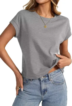 Womens Cap Sleeve Crop Tops Cotton T Shirts Crewneck Loose Fit Short Sleeves Tee Summer Fashion Clothes 2025