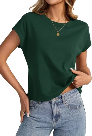 Womens Cap Sleeve Crop Tops Cotton T Shirts Crewneck Loose Fit Short Sleeves Tee Summer Fashion Clothes 2025
