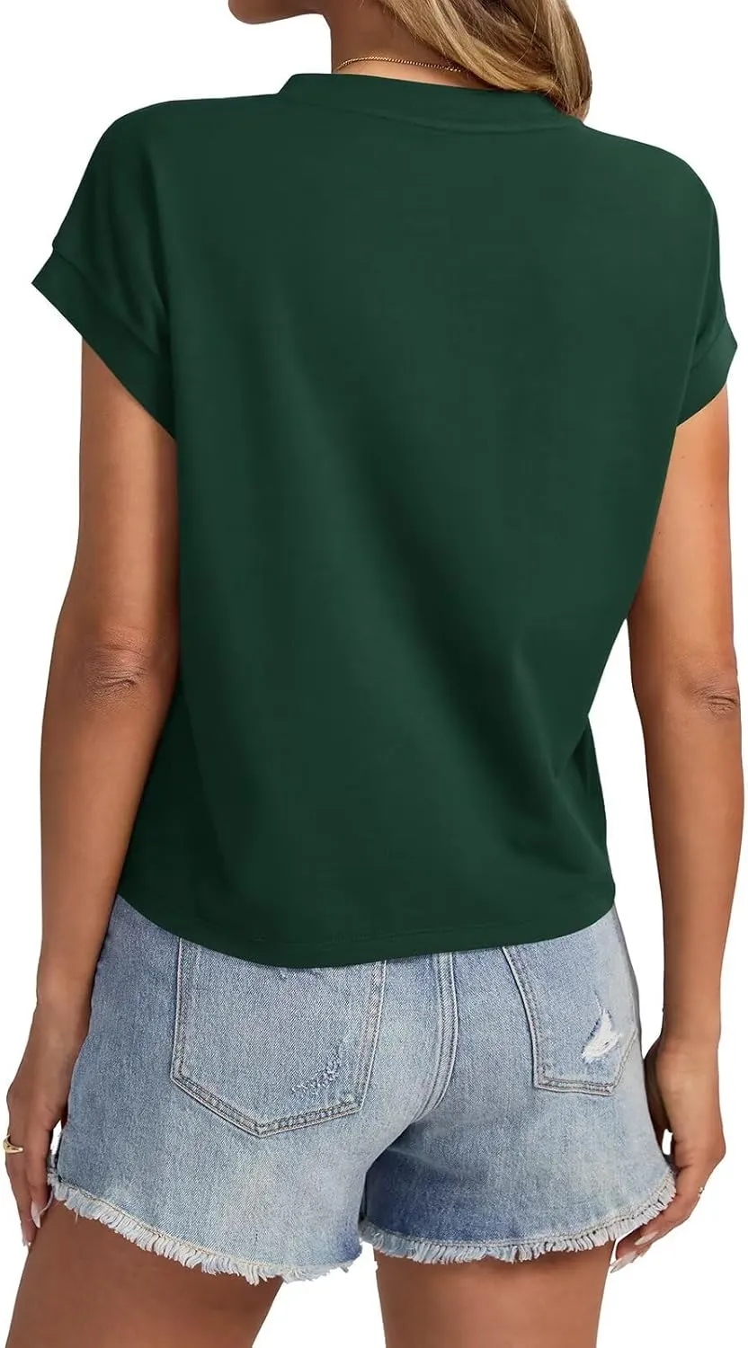 Womens Cap Sleeve Crop Tops Cotton T Shirts Crewneck Loose Fit Short Sleeves Tee Summer Fashion Clothes 2025