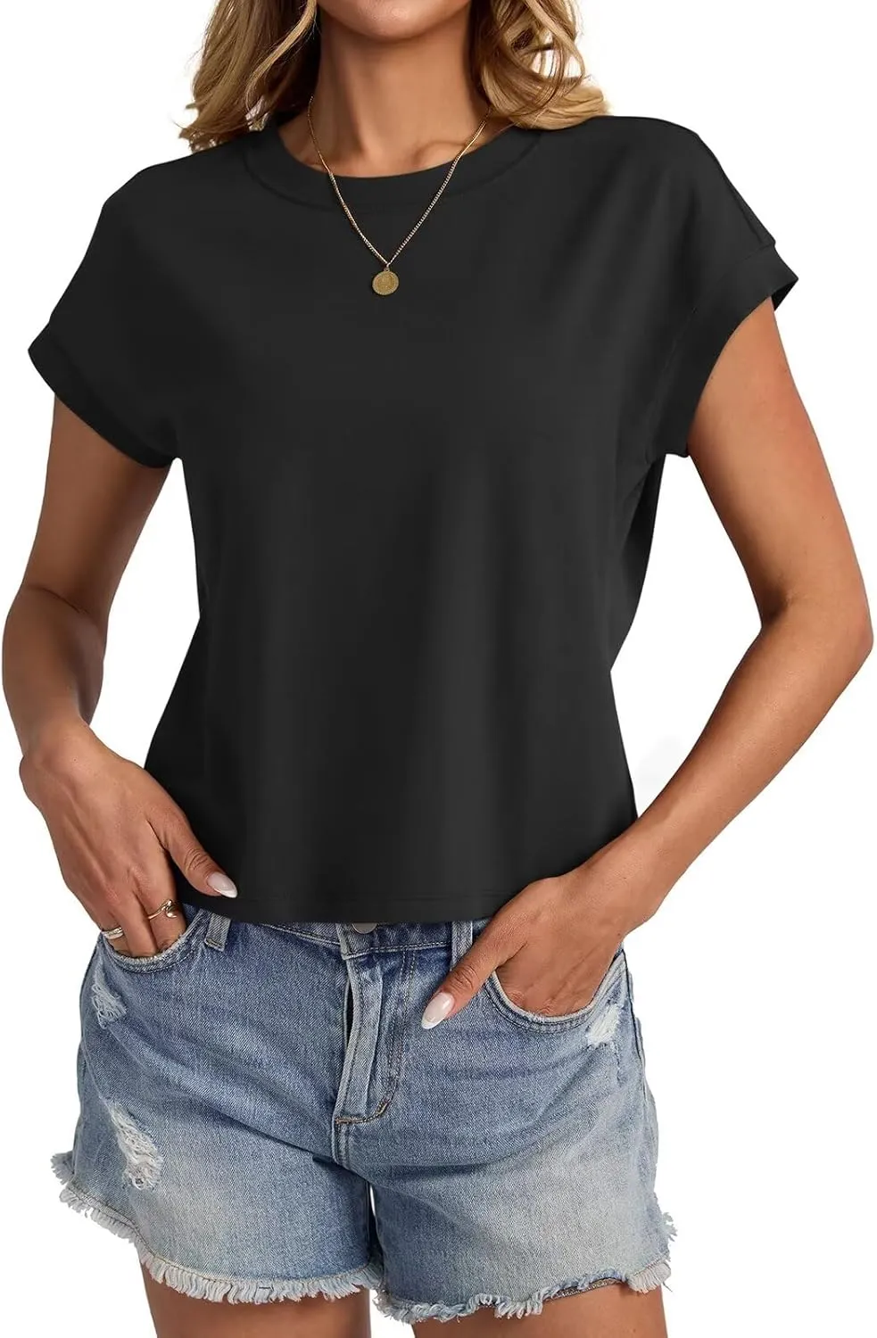 Womens Cap Sleeve Crop Tops Cotton T Shirts Crewneck Loose Fit Short Sleeves Tee Summer Fashion Clothes 2025