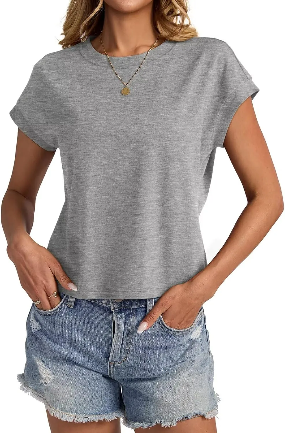 Womens Cap Sleeve Crop Tops Cotton T Shirts Crewneck Loose Fit Short Sleeves Tee Summer Fashion Clothes 2025