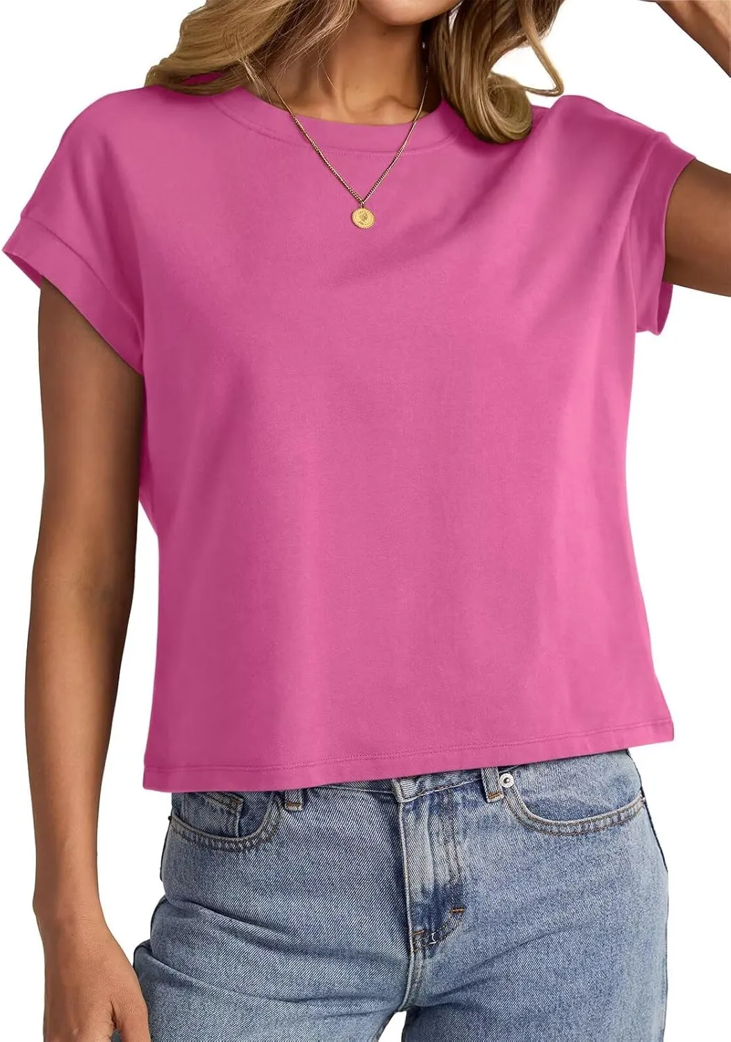 Womens Cap Sleeve Crop Tops Cotton T Shirts Crewneck Loose Fit Short Sleeves Tee Summer Fashion Clothes 2025