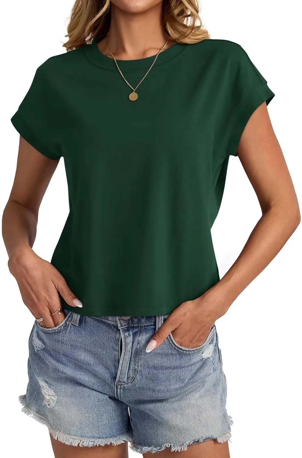 Womens Cap Sleeve Crop Tops Cotton T Shirts Crewneck Loose Fit Short Sleeves Tee Summer Fashion Clothes 2025