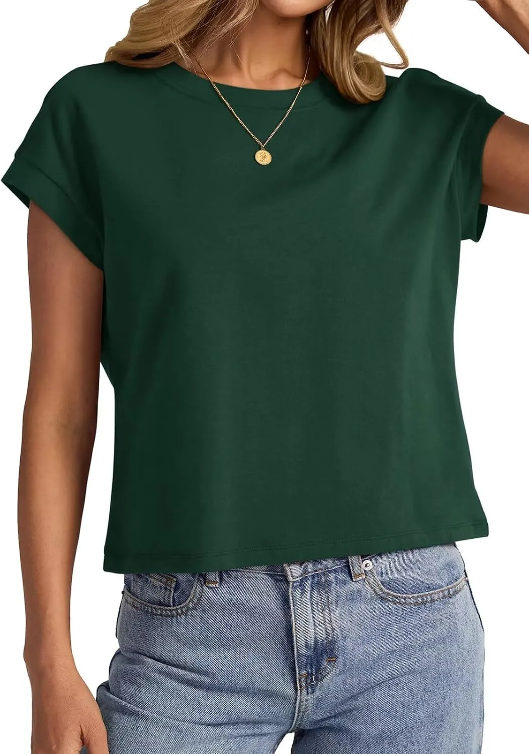 Womens Cap Sleeve Crop Tops Cotton T Shirts Crewneck Loose Fit Short Sleeves Tee Summer Fashion Clothes 2025