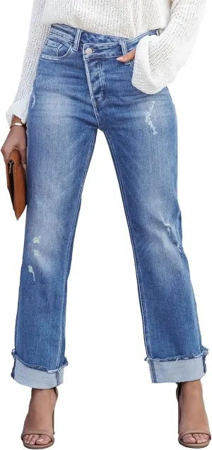Womens Cargo Denim Jeans High Waisted Stretchy Flap Pocket Straight Leg Pants